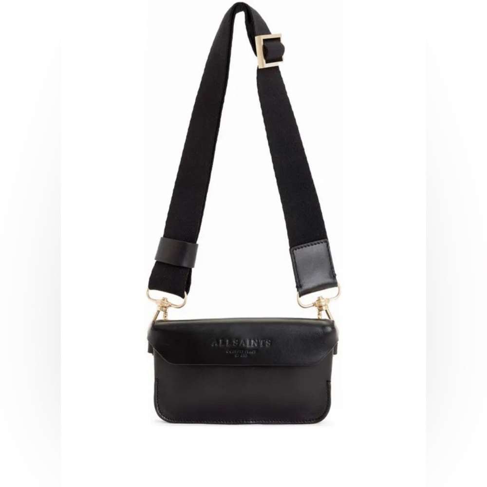 AllSaints Black Leather Crossbody Bag with Wide Strap